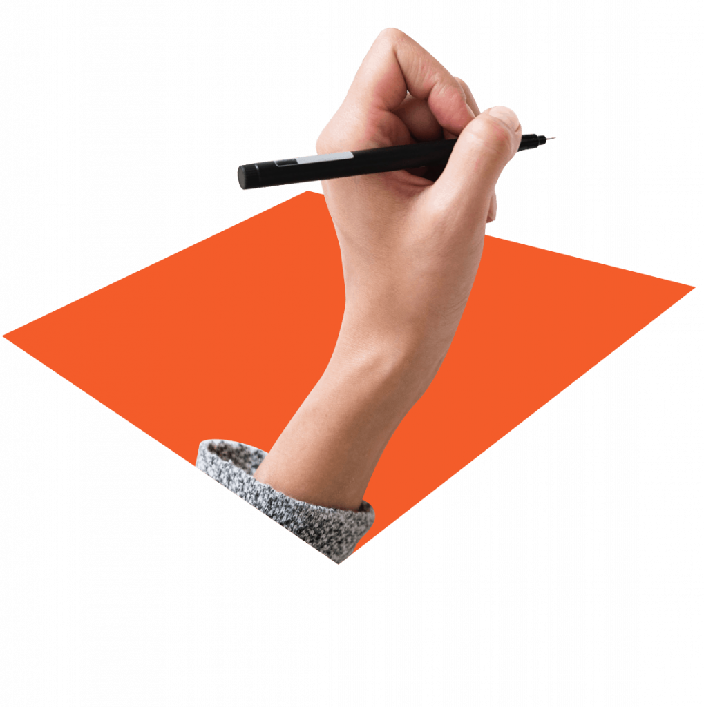 Cut out of person holding a pen ready to draw