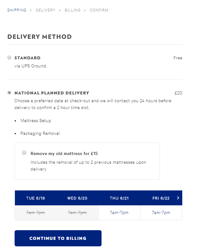 Screenshot of Casper delivery options. Highlighting transparent pricing and process.