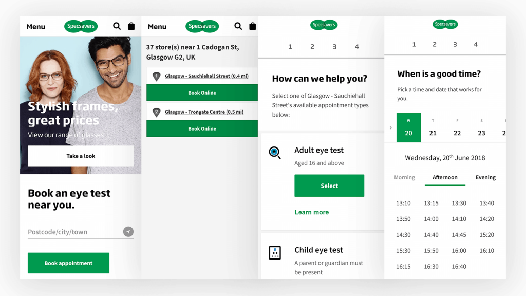 Screenshot of Specsavers 'Book An Eye Test' user journey