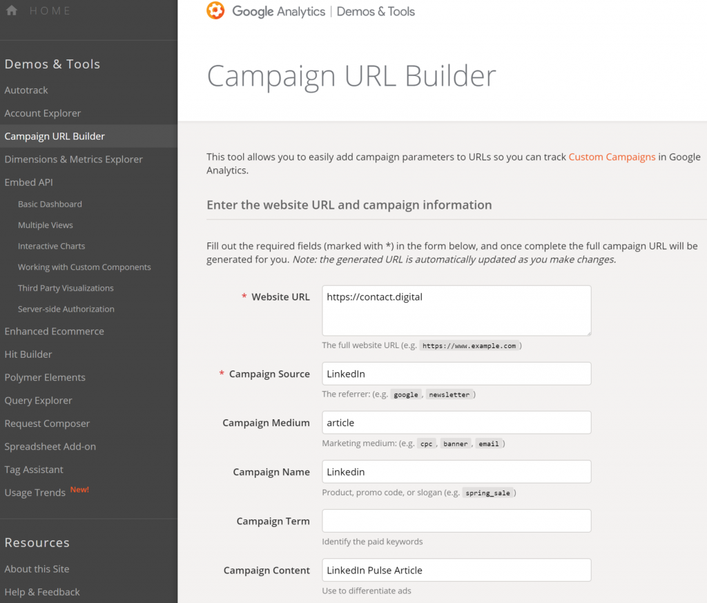 Screenshot of the Google Campaign Builder page